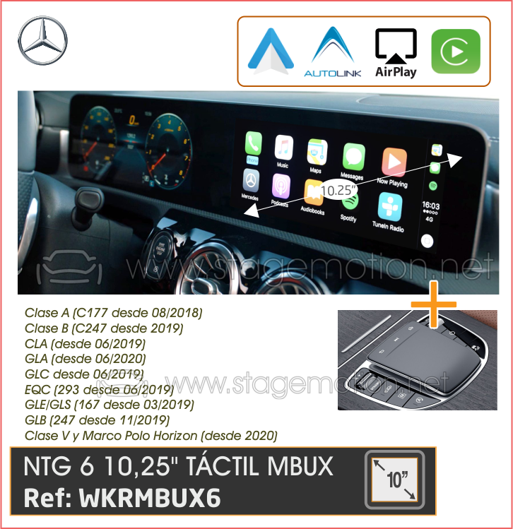 Kit Car-Play Wireless + Android Auto + USB Multimedia Mercedes MBUX NTG6 (Pantalla 10,25&quot; y 8&quot; Táctil)