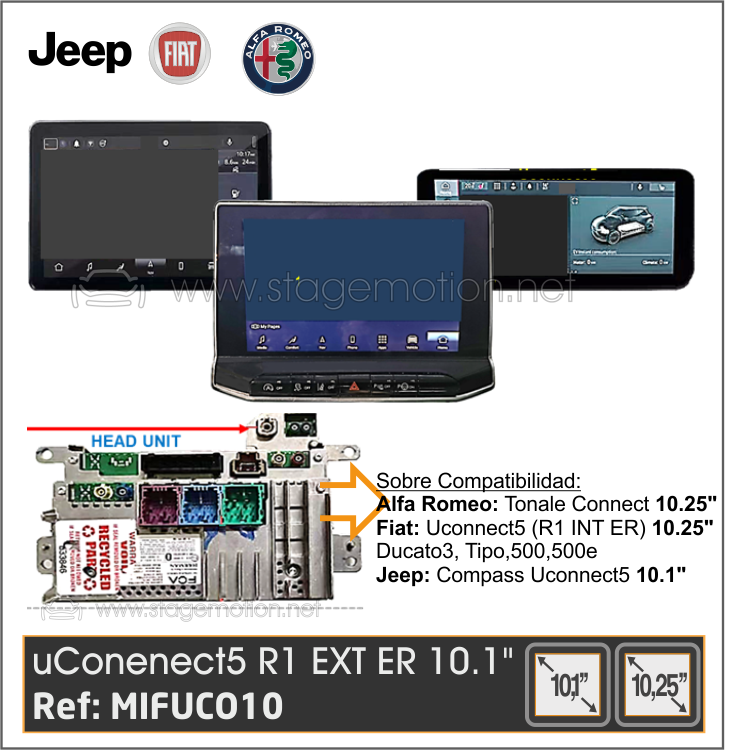 Interface Vídeo + Cámaras Visión Uconnect5 10.1&quot; (Pantalla Separada R1 EXT ER) FIAT/Jeep/AlfaRomeo HD