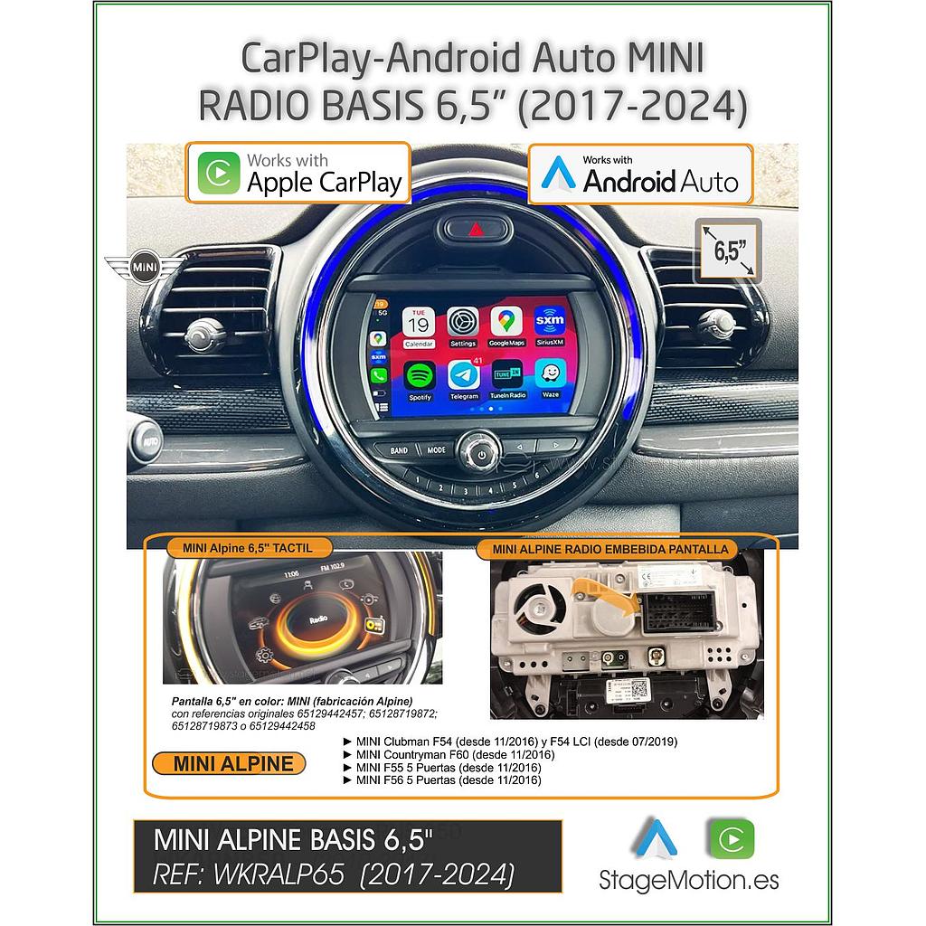 Kit Car-Play Wireless + Android Auto + USB + Cámaras Visión 180º Específico MINI (Alpine Basic 6,5") "Pantalla+Radio, todo en 1"