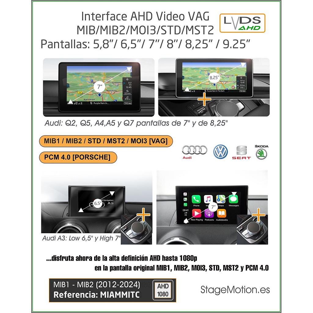 Interface AHD Cámaras Visión Audi/VW/SEAT/SKODA MIB/MIB2/MOI3 con 5,8"/6,5"/7''/8''/8,25"/9.2"
