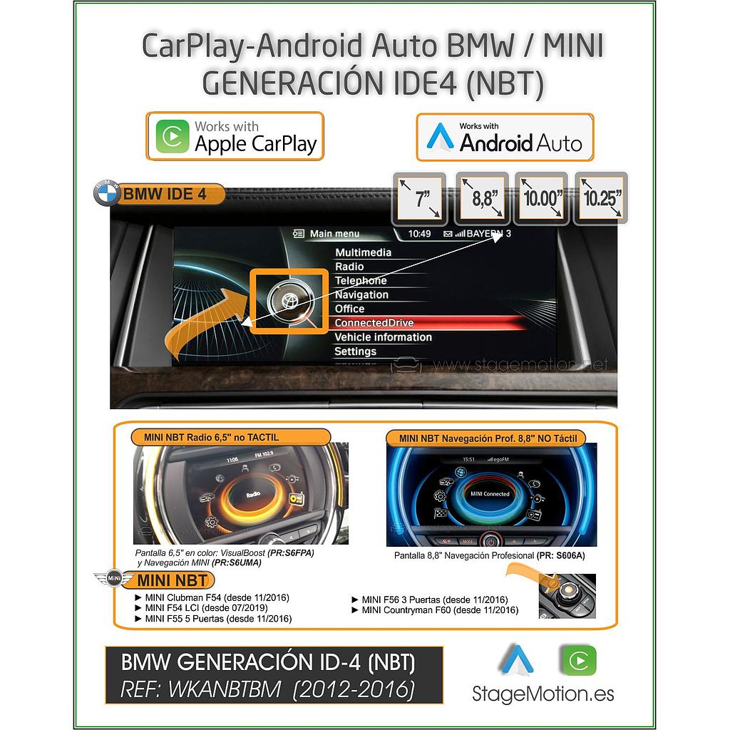 Kit Plus BMW-MINI (NBT IDE4) Car-Play Wireless + Android Auto + Mirror-Link + USB + Visión AHD 180º (7&quot;/8.8&quot;/10&quot;/10.25&quot;)