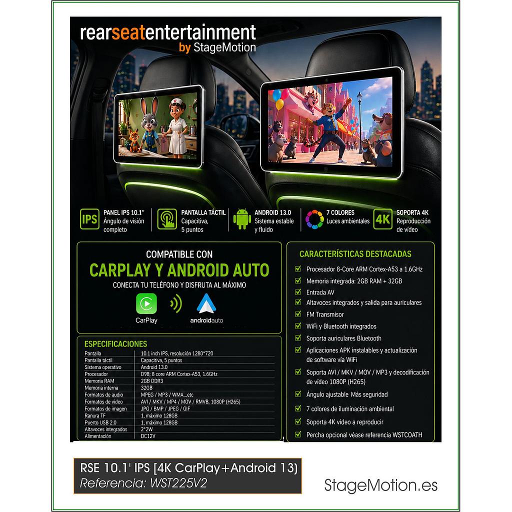 Pantalla Entretenimiento RSE 10.1' [Curved 4K + CarPlay/AndroidAuto] (v.2025)