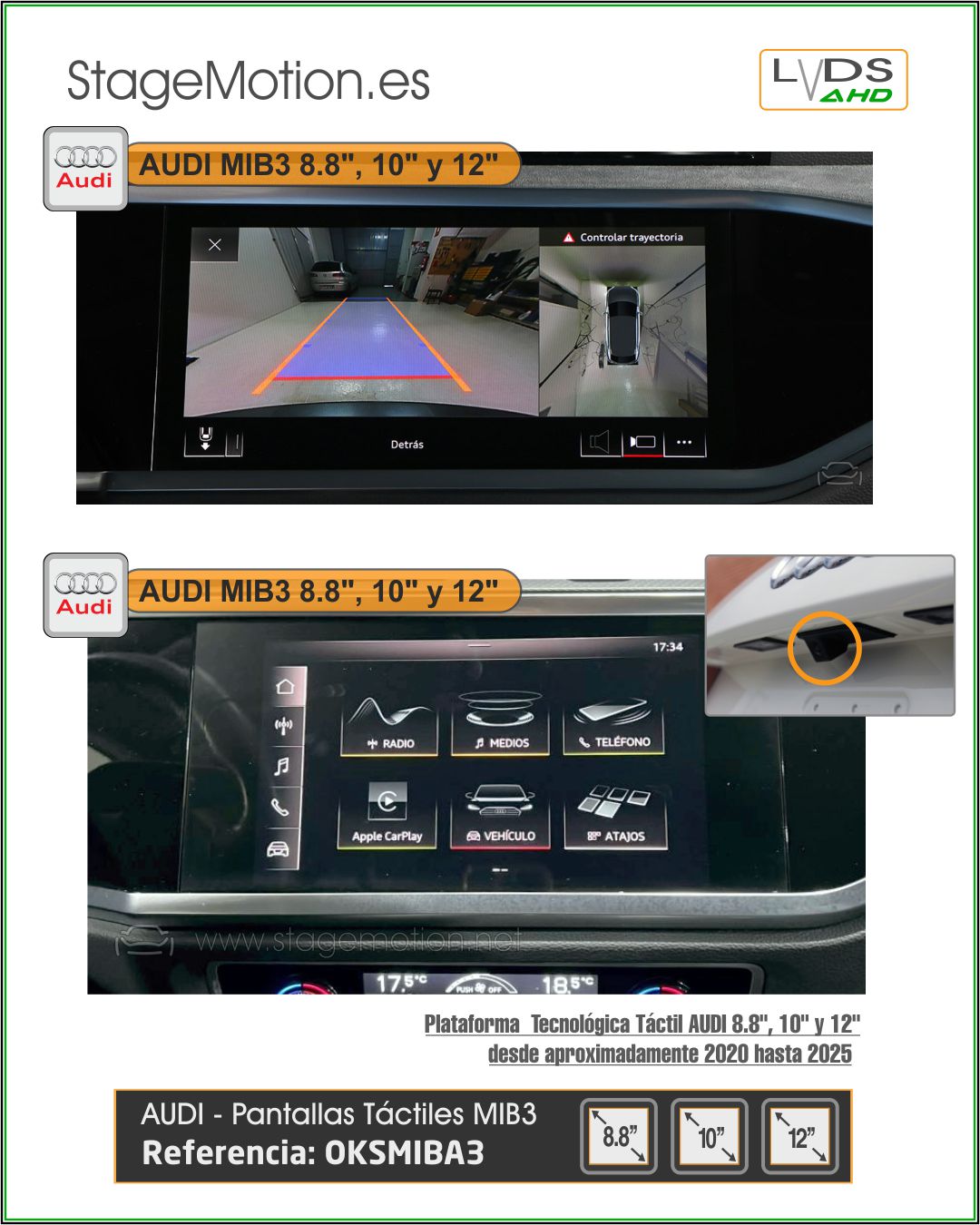 Kit Cámara HD Trasera MIB3 Audi A1/A3/Q2/Q3/A4/A5/Q5 Táctil 8.8"-10.1"-12"
