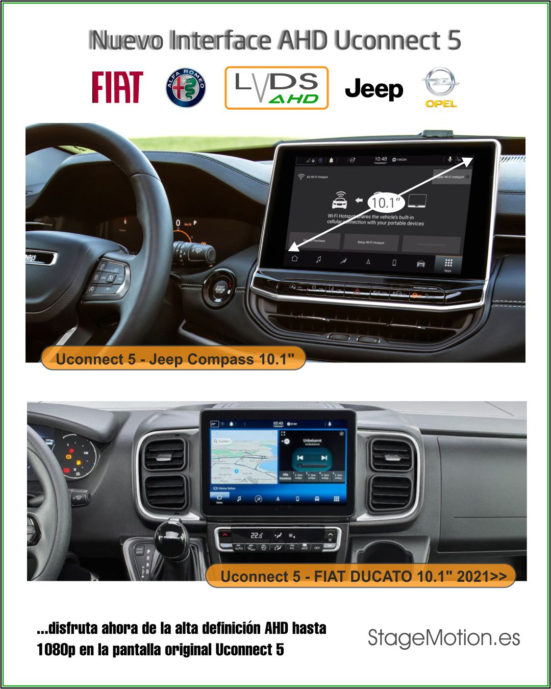 Interface AHD Vídeo Uconnect5 7"7/10.1"/12.3" (Pantalla Separada R1 EXT ER) FIAT/Jeep/AlfaRomeo