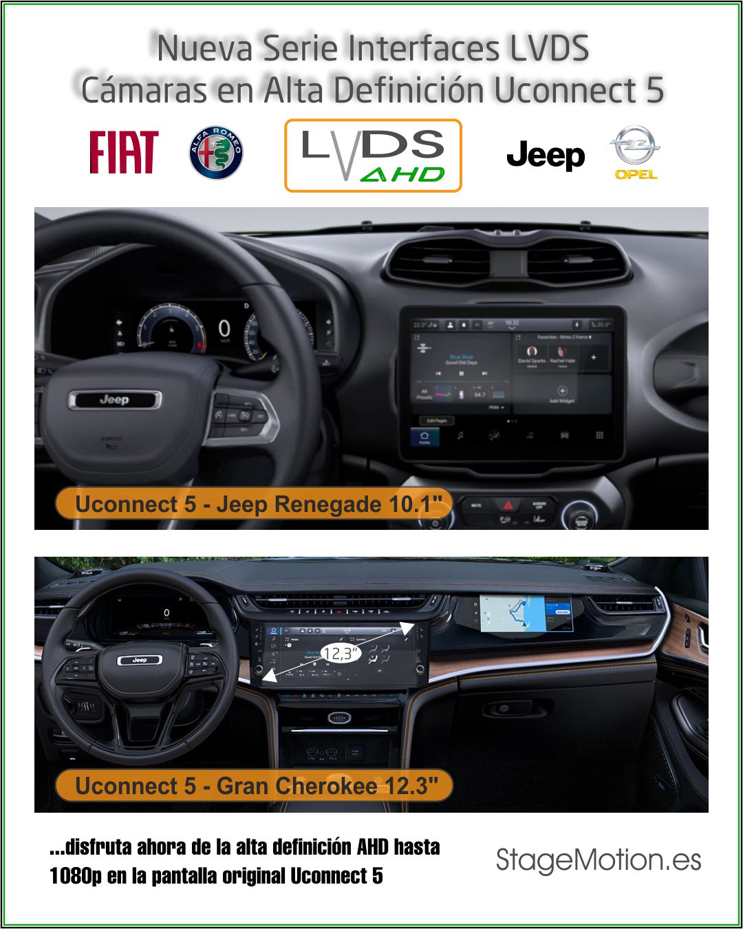 Interface AHD Vídeo Uconnect5 7"7/10.1"/12.3" (Pantalla Separada R1 EXT ER) FIAT/Jeep/AlfaRomeo