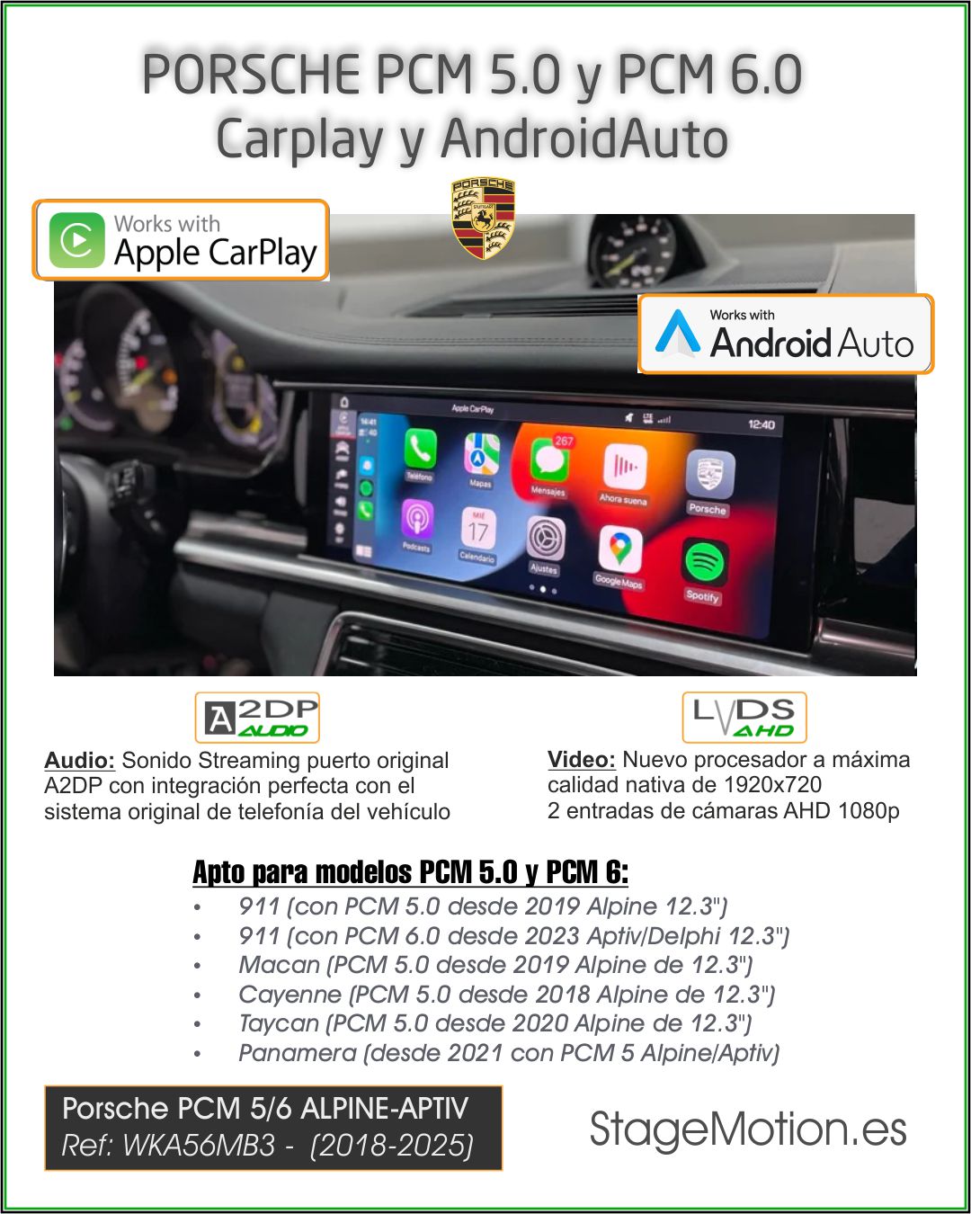 Kit Wireless Car-Play + Android Auto + Visión AHD PORSCHE AUDI (MIB3) & PCM 5.0/6.0 (2018-2025)