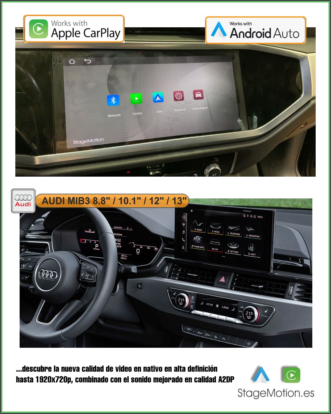 Kit Wireless Car-Play + Android Auto + Visión AHD AUDI (MIB3) & PCM 5.0/6.0 (2018-2025)
