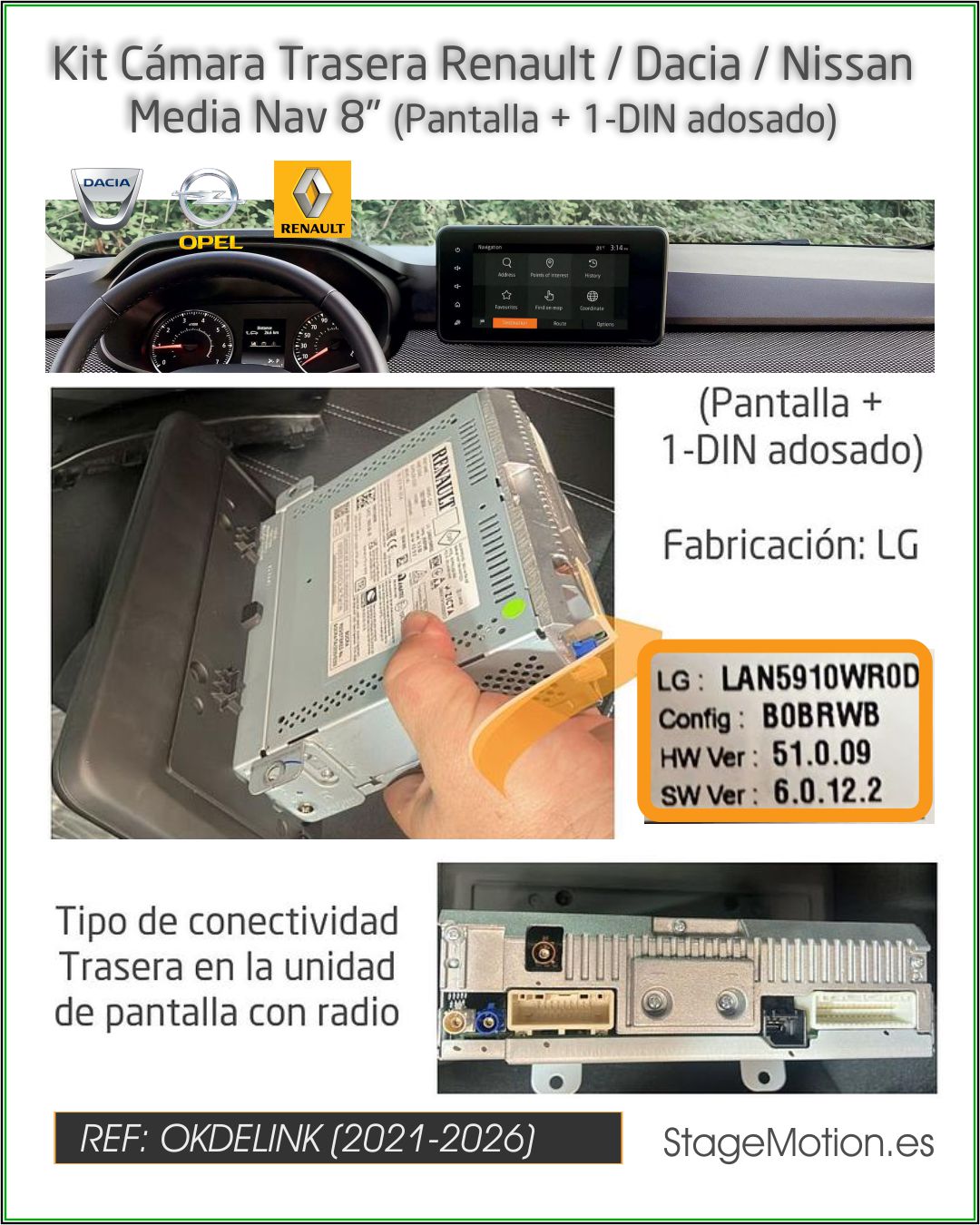 Kit Cámara Trasera + Cableado + Codificador Renault/Dacia/Nissan MediaNAV/Media DISPLAY 8" *Pantalla + 1-DIN adosado
