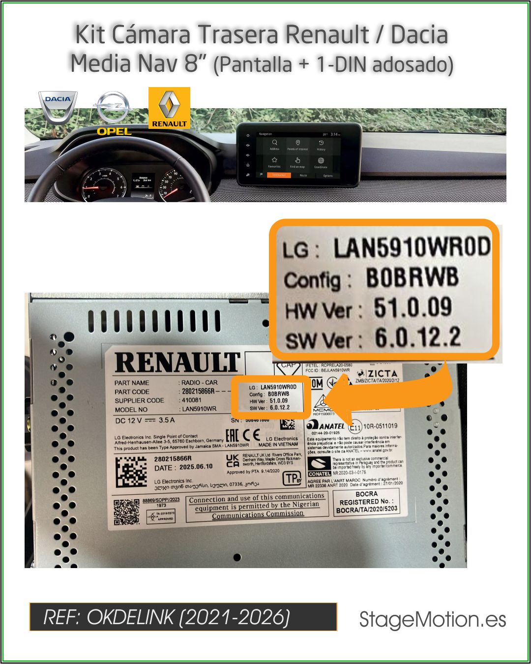 Kit Cámara Trasera + Cableado + Codificador Renault/Dacia/Nissan MediaNAV/Media DISPLAY 8" *Pantalla + 1-DIN adosado