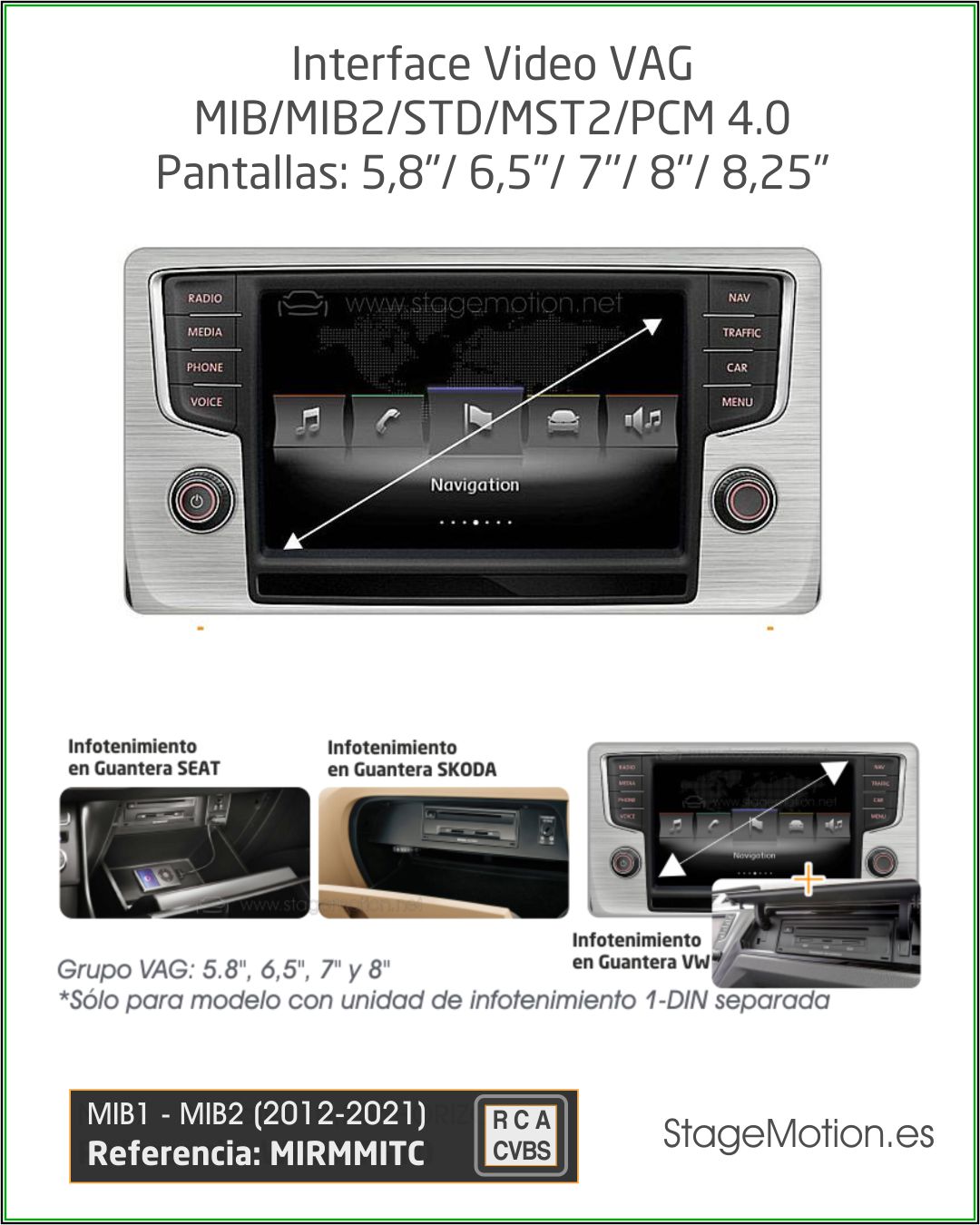 Interface Cámaras Visión + Video AUX Audi/VW/SEAT/SKODA/Porsche MIB Touch 5,8"/6,5"/7''/8''/8,25"